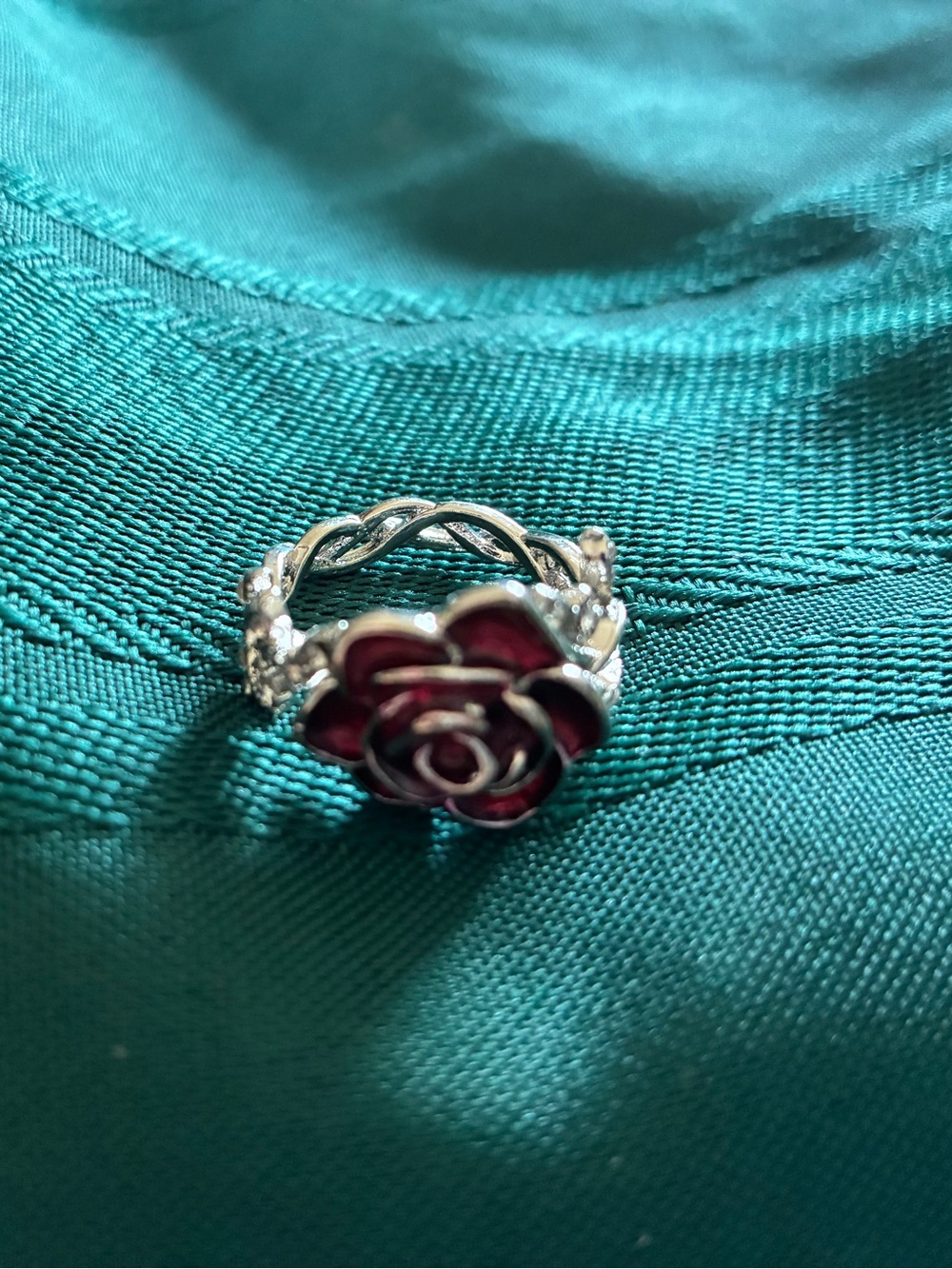 Silver Ring with Red Rose Enamel Accent